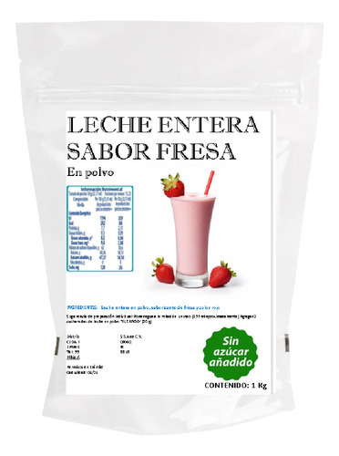 1 Kg De Leche Entera De Fresa En Polvo Sin Azucar (10 L)