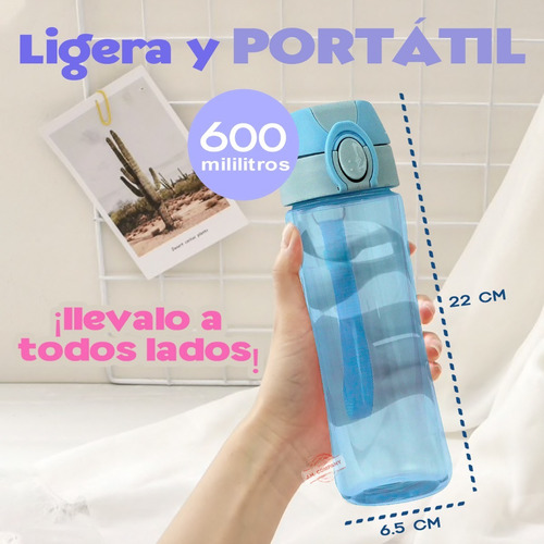 Imagen 2 de 8 de Botella De Agua Deportiva 600 Ml Antiderrame Con Jareta 9256