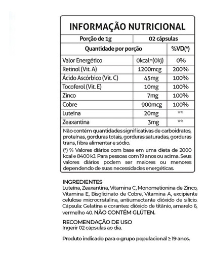 Imagem 3 de 3 de 6 Luteína 20mg + Zeaxantina 3mg Vitaminas A C E Zinco 60cps