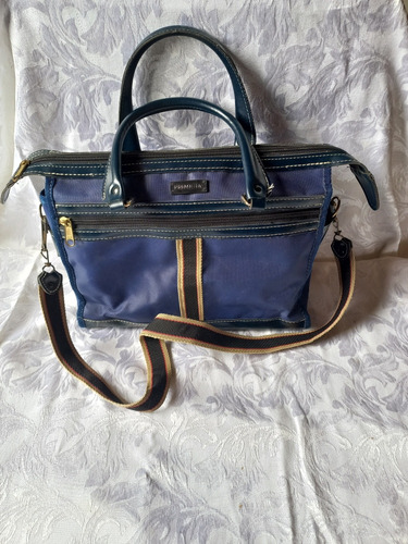 Bolso Semil Cuero Y Lona Azul