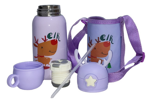 Botella Térmica Termo Infantil 600ml Doble Tapa Bandolera Violeta