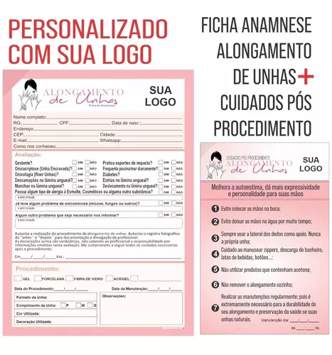 Ficha Anamnese Alongamento De Unhas + Cuidados Blocos 100fls