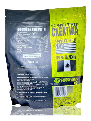 Imagen 2 de 12 de Creatina 1 Kg 200 Servicios 43 Supplements