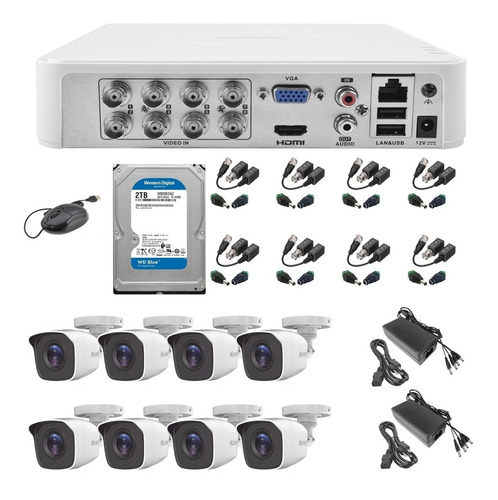 Imagen 1 de 8 de Kit Video Vigilancia 8 Cámaras Hilook Baluns Hd 1mp 2 Tb