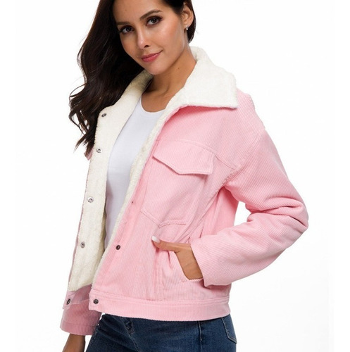 Chaqueta De Pana Rosa Con Botonadura Simple Para Mujer