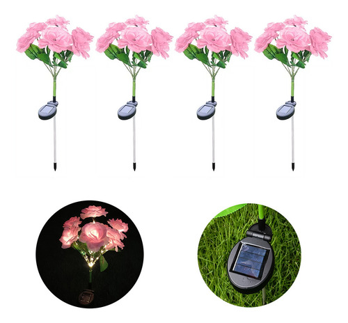 4pcs Flores De Rosas Lamparas Solares Para Decoración Jardín Estructura Rosa