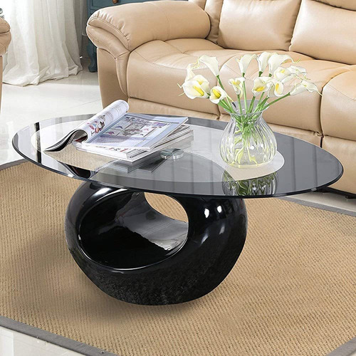 ~? Mecor Black Oval Glass Coffee Table Con Base Hueca Redond