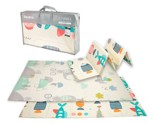 Alfombra Plegable Antigolpes Reversible Con Bolso Bipokids Peces Y Elefantes