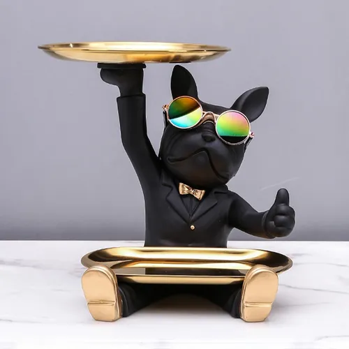 Escultura De Bulldog Francés, Figura De Perro Con Bandeja,