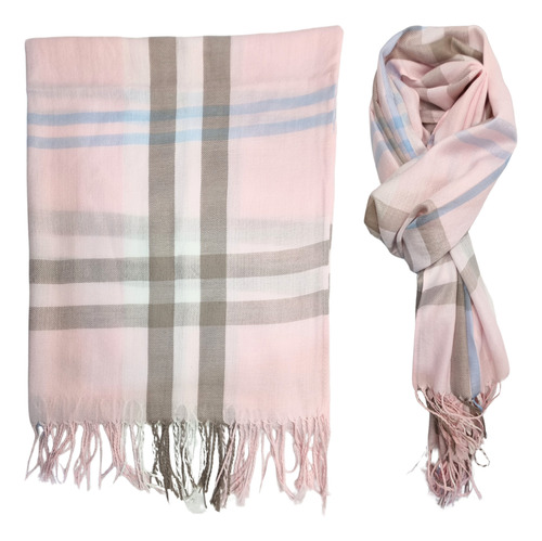 Lenço Unissex Cachecol Pashmina Grande Tecido Leve Elegante Cor Rosa Desenho Do Tecido Xadrez Tamanho 172 X 70 Cm