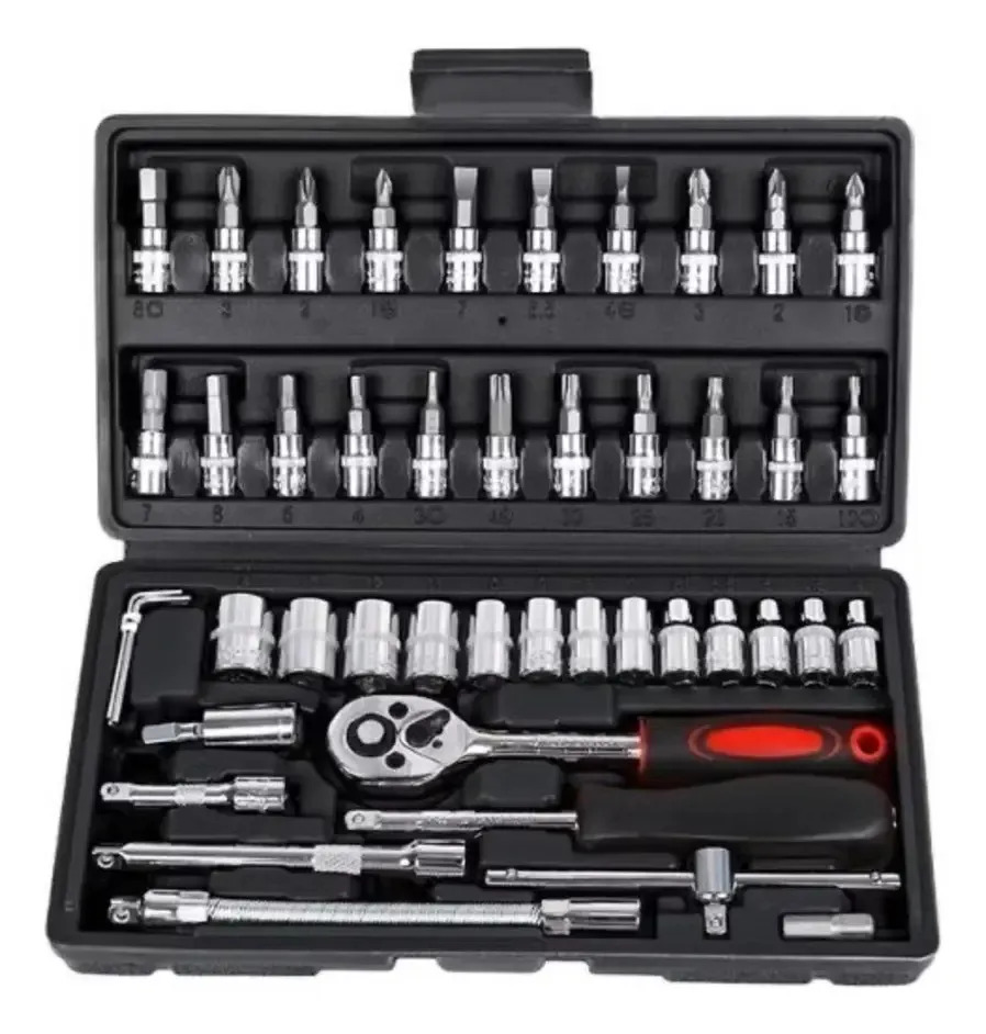 Kit 46 Chave Catraca Jogo De Soquetes Allen Torx Cor Preto