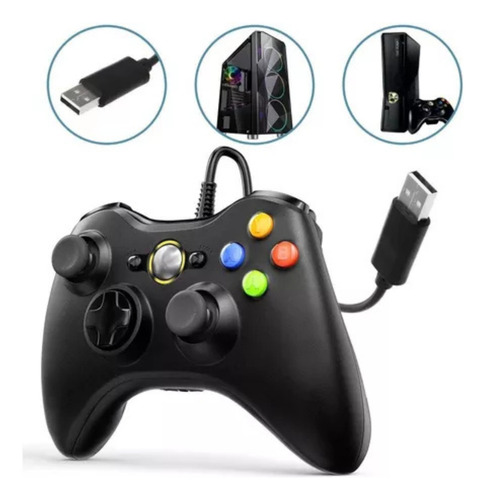 Controle Joystick Compatível Com Video Game Xbox 360 Preto E Computador Pc Usb Com Cabo Longo