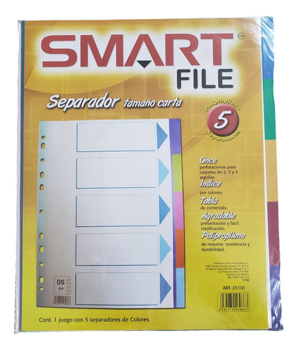 Separador Tamaño Carta Colores Con 5 Diviciones Smart File