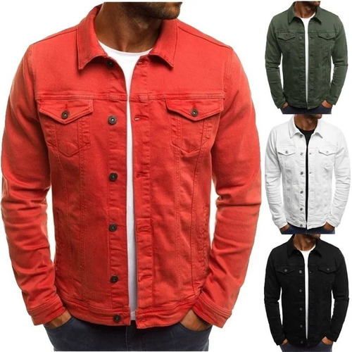 Chaqueta Fina De Jeans Para Hombre, Color Sólido, Rojo