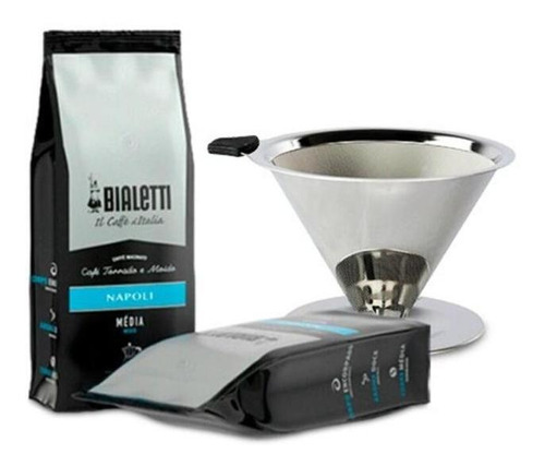 Imagem 1 de 6 de Kit Coador Pour Over Inox Bialetti+ Brinde Café Napoli 250g
