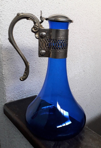 Botellon Escanciador Vidrio Azul Asa Y Tapa Baño Plata 0,8l