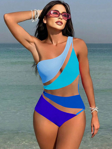 Traje De Baño One Hombro Completo Mesh Patchwork Sexy Mujer Azul L