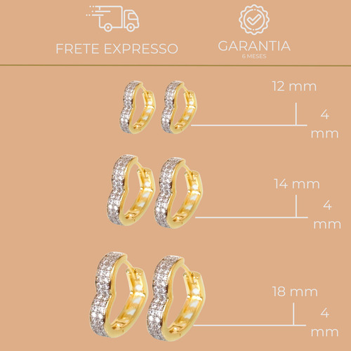 Trio De Brincos Argola Cravejadas Banhadas A Ouro 18k Garantia Feminino Hipoalergico