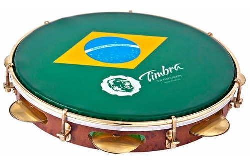 Pandeiro Timbra 10 Profissional Madeira Pele Bandeira Brasil