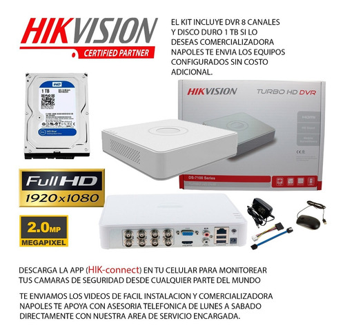 Imagen 3 de 10 de Camaras Hikvision Kit Dvr 8 Ch + 6 Cám+ Disco Duro 1tb