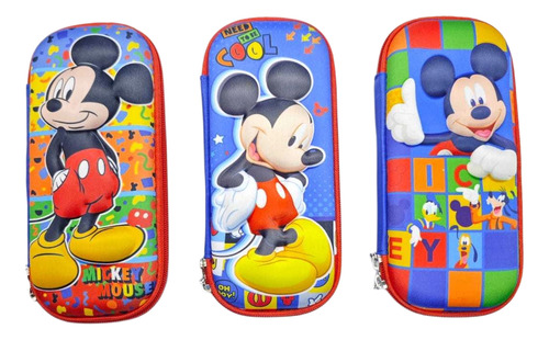 3 Pzas Estuche Para Lápices Lapicera 3d Escolar Mickey Mouse Azul Mickey
