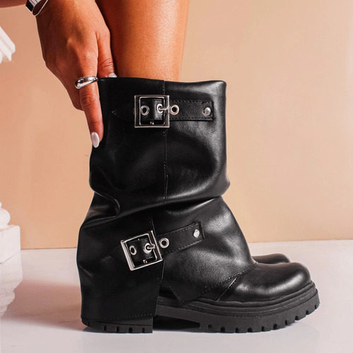Bota Mujer Borcego Diseño Araquina Cuero Doblada Hebillas