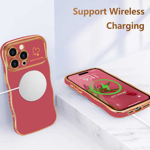 Funda P/iPhone 15 Pro, Diseño De Ondas Y Corazon, Rojo Tenue
