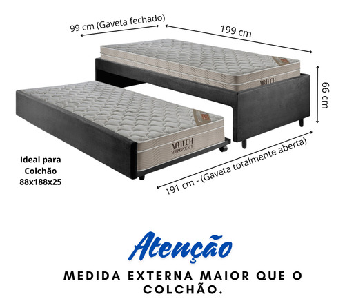 Bicama Box Solteiro Suede Preto 88x188 C/ 2 Colchões Ortobom
