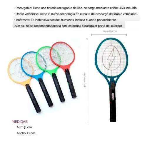 Raqueta Paleta Mata Mosquitos Moscas Recargable Usb + Cable Color Celeste