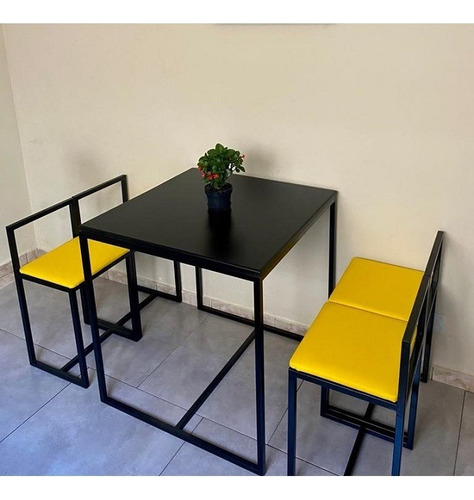 Conjunto Mesa 4 Cadeiras Pequena Estofado Amarelo Black Box Cor Preto E Amarelo Desenho Do Tecido Das Cadeiras Liso