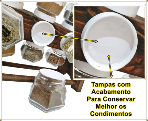 Porta Tempero De Manivela Com 12 Potes Vidro Sextavado Branco
