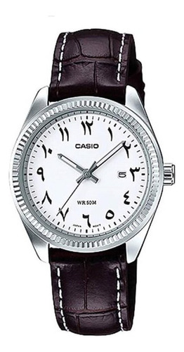 Reloj Casio Ltp-1302l-7b3 Para Dama Marrón Bisel Plateado Fondo Blanco