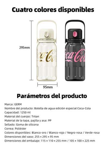 Cocacola Botella Deportiva 1250 Ml Para Agua Tritan Con Asa Portátil, Pajita Y Tapa Hermética, Apertura Con Un Dedo, Resistente, Antideslizante Negro