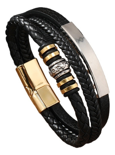 Pulsera De Cuero Trenzado Multicapa Con Accesorios De