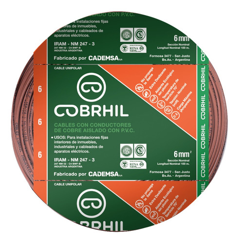 Cable Unipolar Cobrhil 6 Mm² Normalizado Rollo 50 Mts Cubierta Marrón