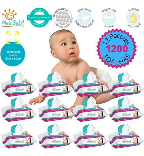 Kit Lenço Umedecido Higiene Bebê 12 Pacotes C/ tampa - 1200 toalhas