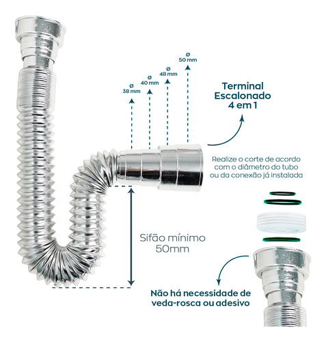 Sifao Flexível Cromado E Valvula Abs 7/8 Ralo Pia Banheiro