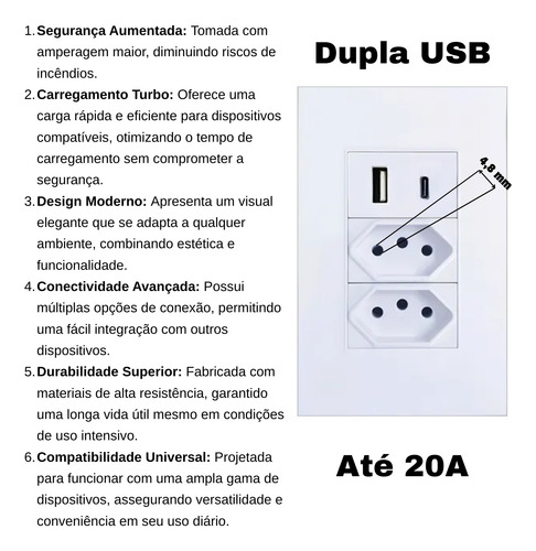 Tomada Dupla Usb Parede Bivolt Turbo 20a 4x2 Universal