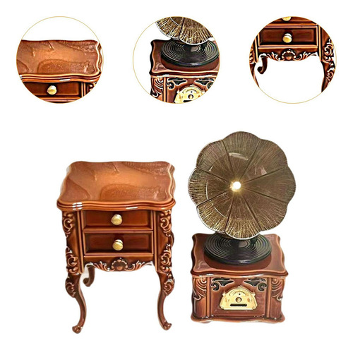 Miniatura Gramofone Toca-discos Escala 1:12 Com Gabinete