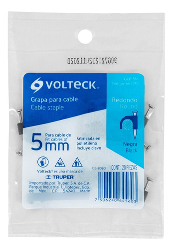 Bolsa De 20 Grapas Negras De 5mm Para Cable Redondo Volteck