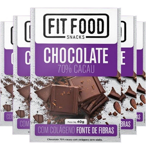 Imagem 1 de 3 de Kit Com 5 Chocolate 70% Cacau Com Colágeno Fit Food