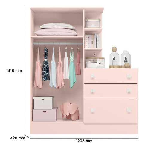 Conjunto Quarto Bebê Doce Sonho Guarda Roupa E Berço Com Colchão Cor Rosa