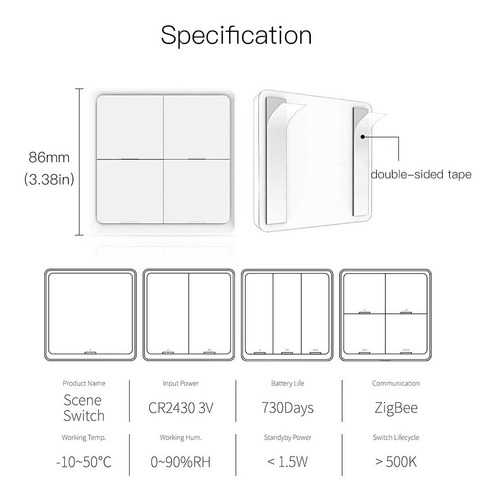 Imagen 4 de 9 de Pulsador Zigbee Tipo Tecla 4 Botones 12 Gestos P/app Tuya