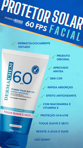 Kit 3 Protetor Solar Facial Fps 60 Uva+uvb Dermachem 40g