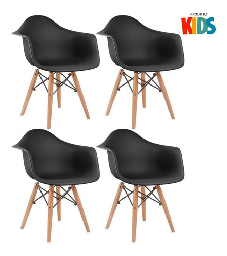 4 Cadeiras Eames Junior Infantil  Com Braços  Kids  Cores Cor Preto