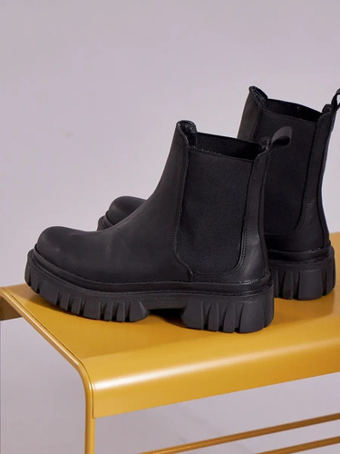 Botin Cuero Mujer Caña Media Bota Negro Elastico Plataforma | Cuotas sin  interés