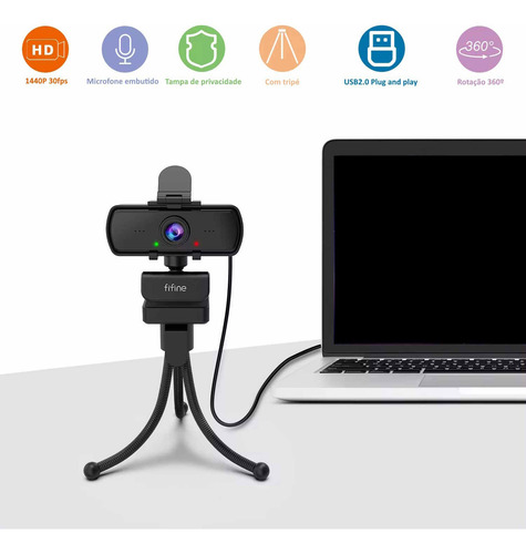 Webcam Fifine K420 2k 1440p C/ Tripe E Microfone Embutido Preto