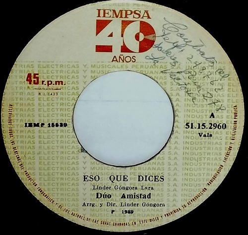 Single 45 Dúo Amistad - Eso Que Dices + Plenilunio 1989