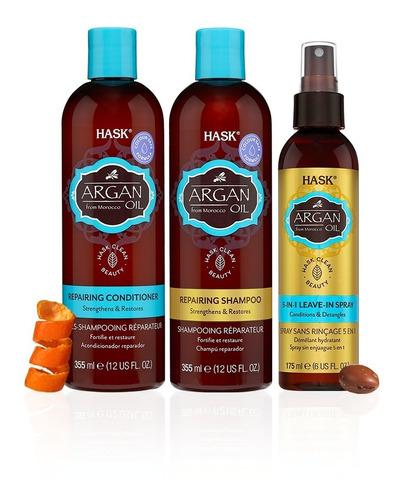 Imagen 1 de 10 de Pack Hask Argan Shamp + Acond 355ml + Spray Reparador 5 En 1