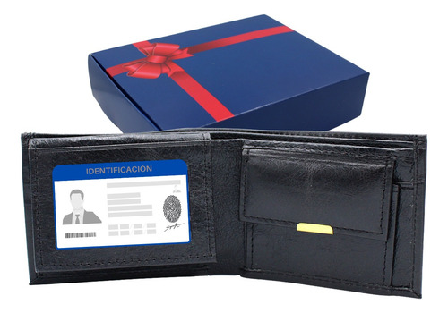 Cartera Con Monedero Hombre Piel Genuina Billetera  Negro